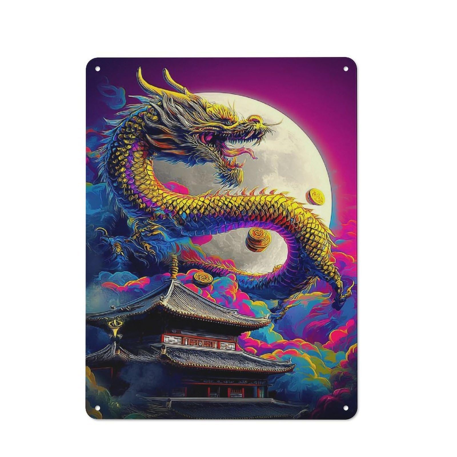 Junmoney Dragon Moon Rising Mystic Asian Artwork For Hobby Room Or Studio, Rustic Metal Sign 40X30cm, For Creative Interior Collectors Refreshing A Room In Autumn