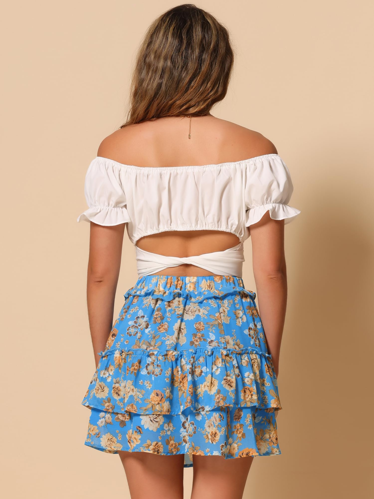 Allegra K Mini jupe patineuse florale avec ourlet à volants et taille élastique pour femme, bleu lac, Taille S