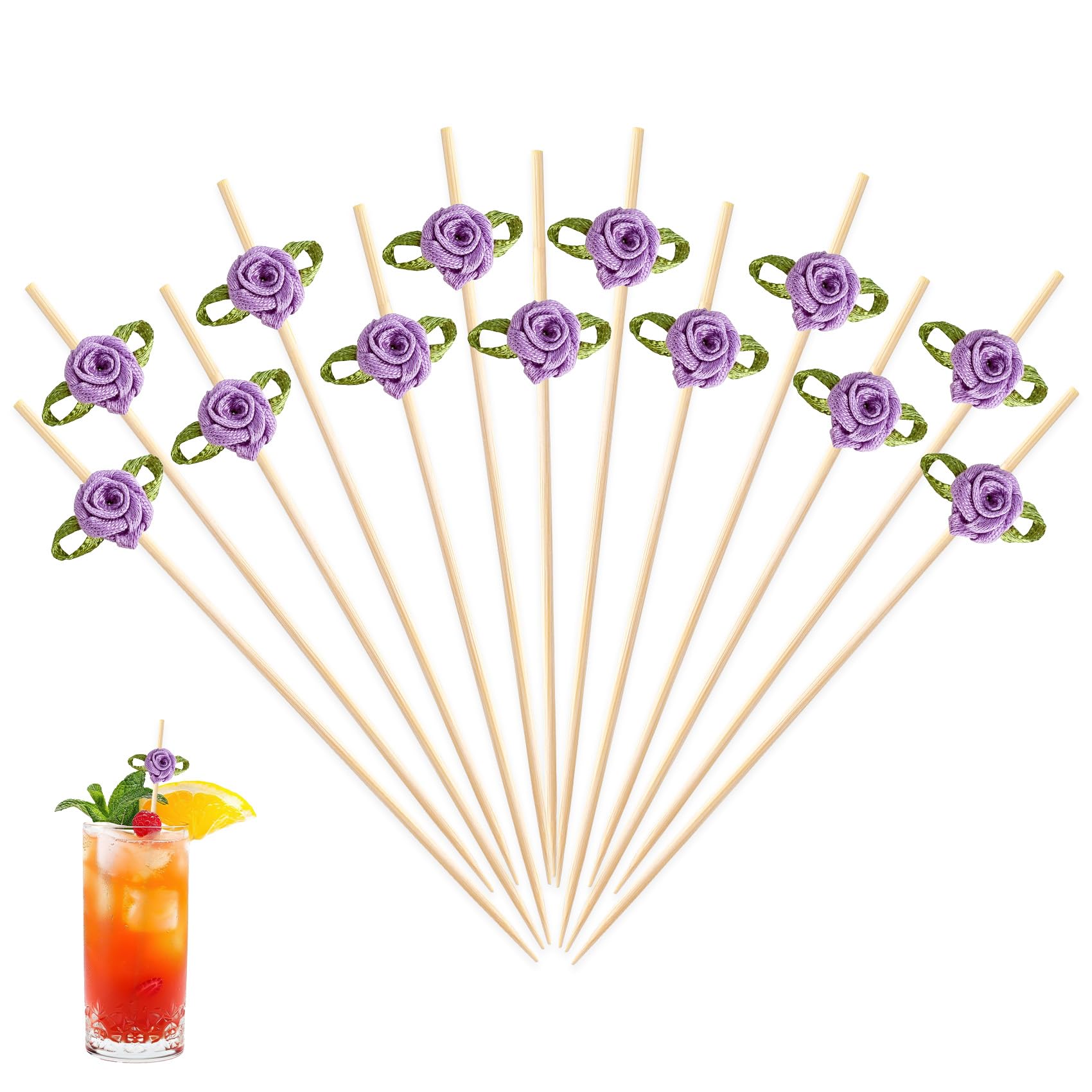 200 Pcs Purple Rose Flower Cocktail Sticks, Bamboo Toothpicks for Appetizers, Fruit, Charcuterie & Wedding Party Decorations, Fancy Food Skewers for Drinks and Dessert
