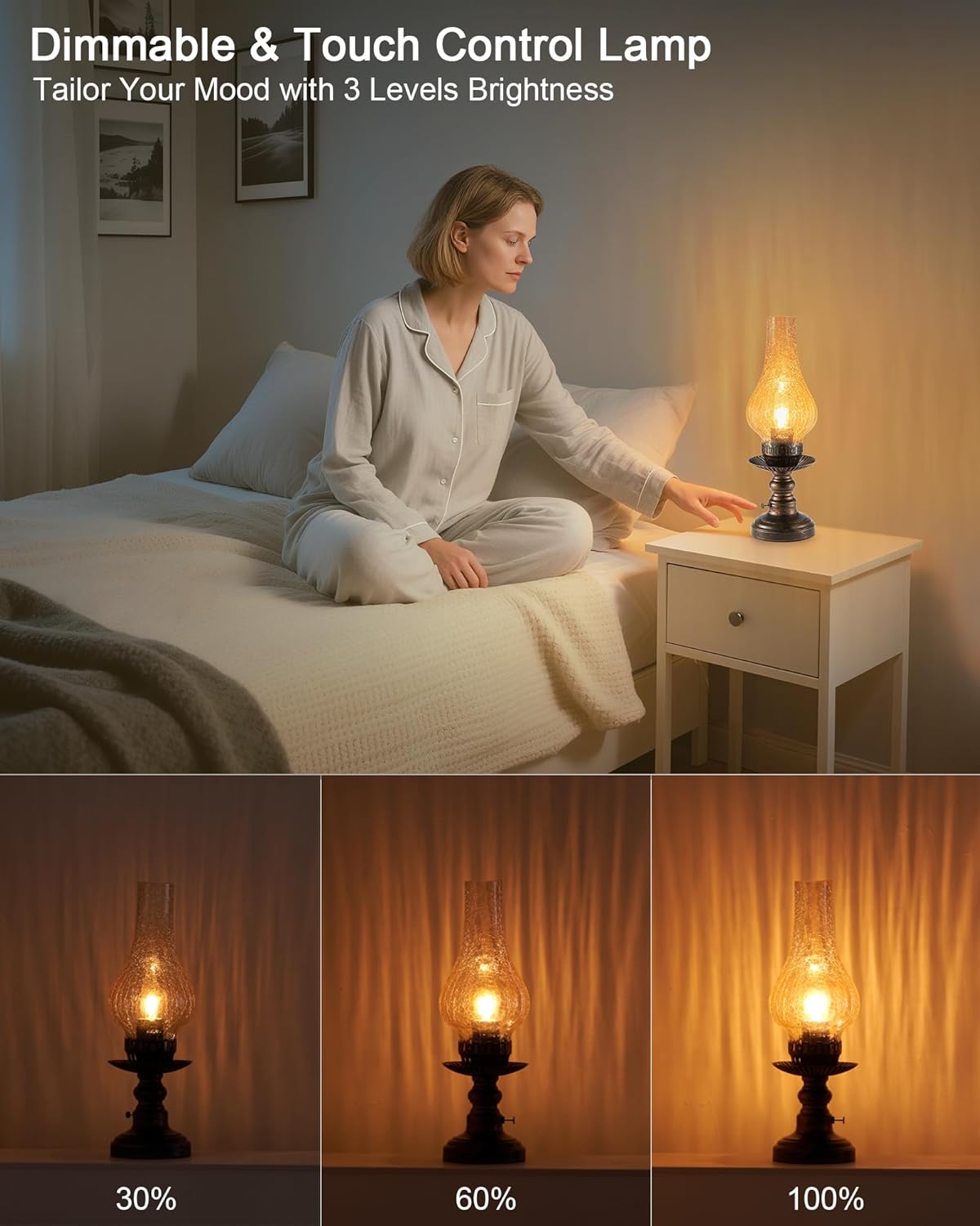 UMEXUS Vintage Rechargeable Cordless Table Lamp with Dimmer & Touch Control, Small Battery Powered Lights, Amber Hand-Blown Glass Retro Farmhouse Lamp for Bedroom, Living Room, Dining Table, Kitchen - Image 4