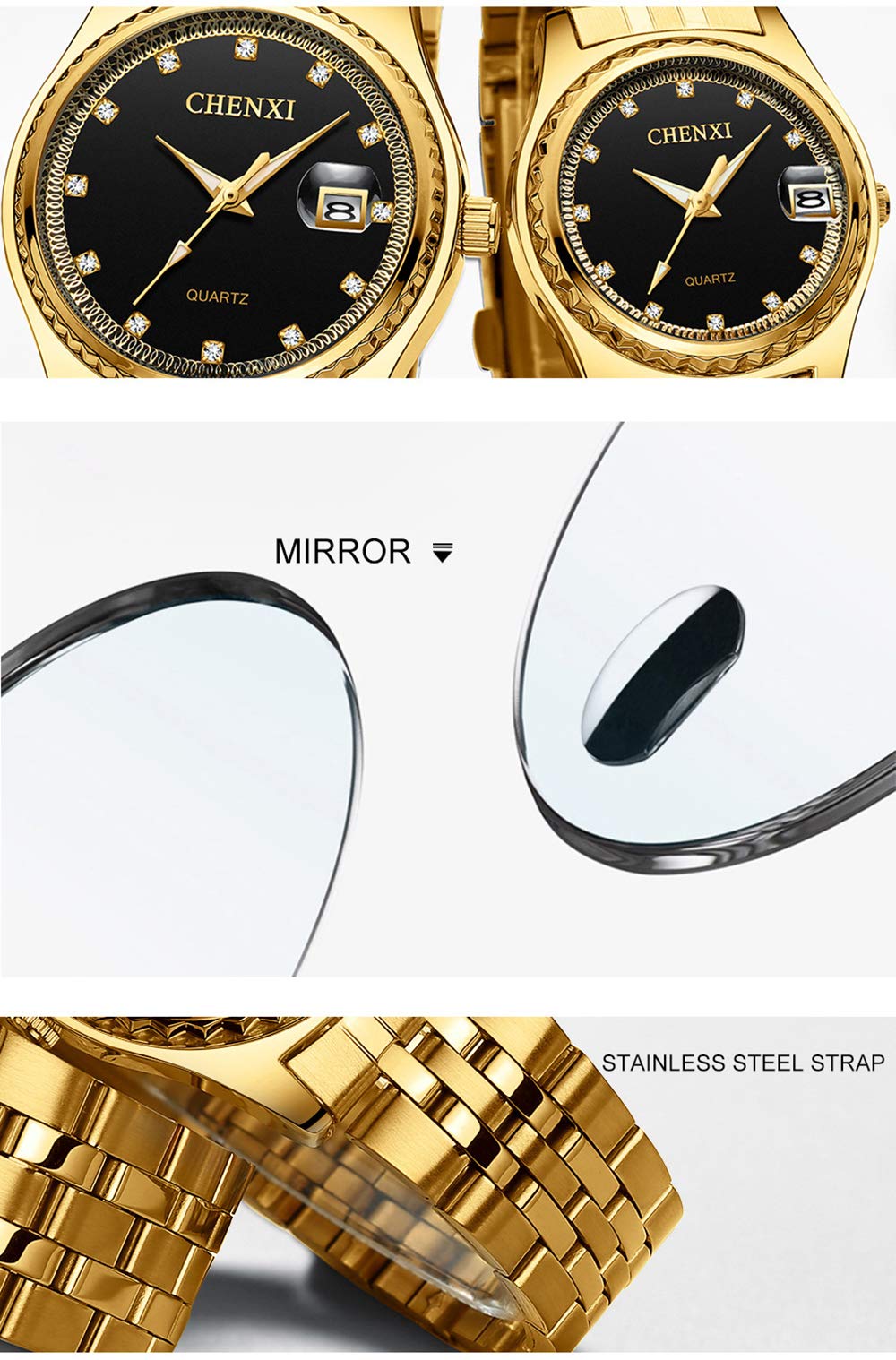 Reloj de Pulsera para Pareja, Reloj de Pulsera Dorado, para Hombres y Mujeres, Acero Inoxidable, Resistente al Agua, Reloj de Cuarzo, Set de Regalo