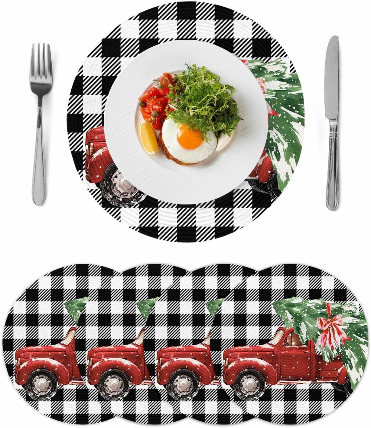 4PCS Round Braided Placemats,Xmas Tree Red Truck Black and White Plaid Christmas Washable Woven Placemats Coffee Mats 15 inch Heat Resistant Kitchen Table Mats for Dining Table