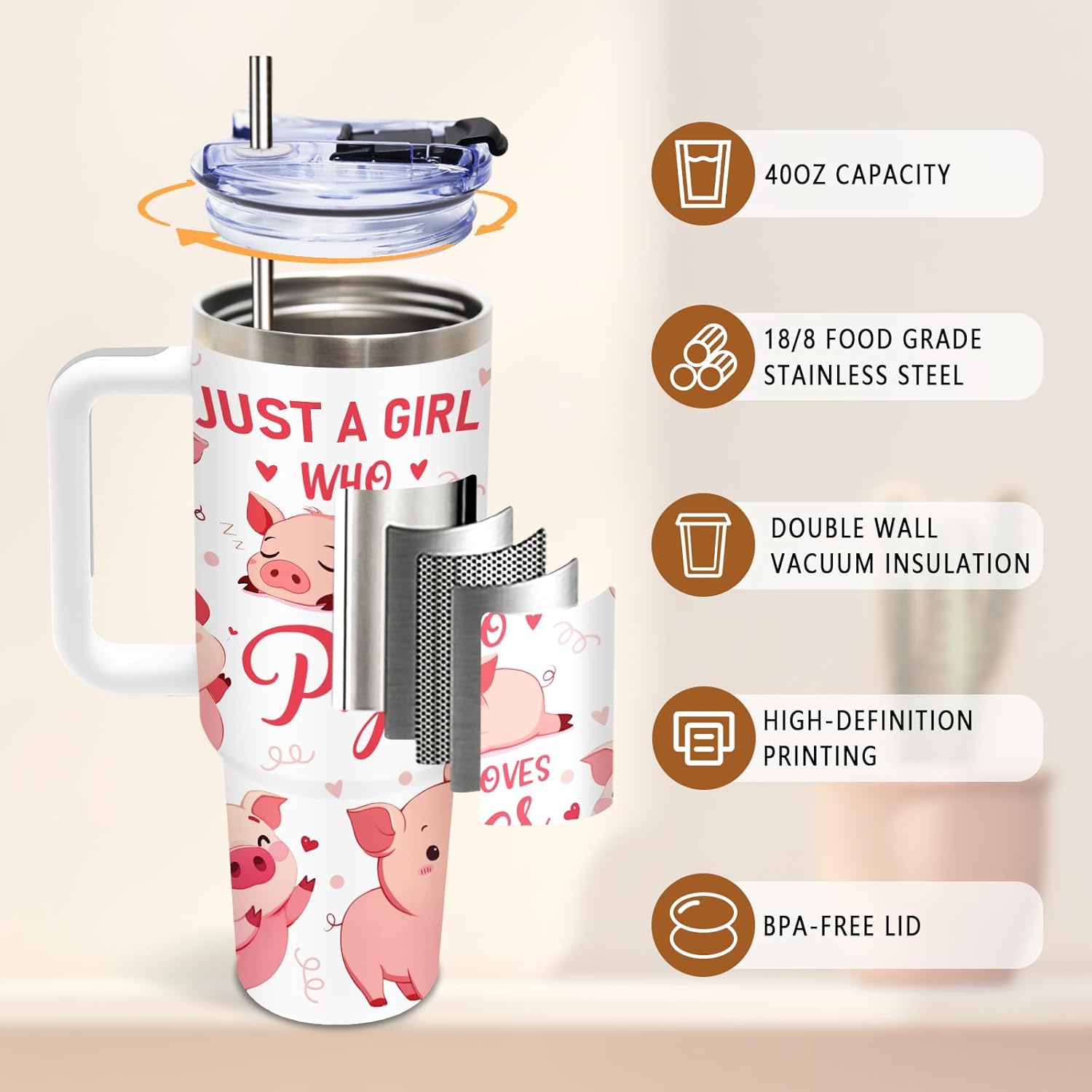 DUUV 40 Oz Pig Tumbler with Handle and Straw, Just A Girl Who Loves Pig Tumbler, Cute Stainless Steel Insulated Tumblers for Women, Christmas Birthday Mothers Day Gifts for Animal Lovers Women, 1PCS - Image 4