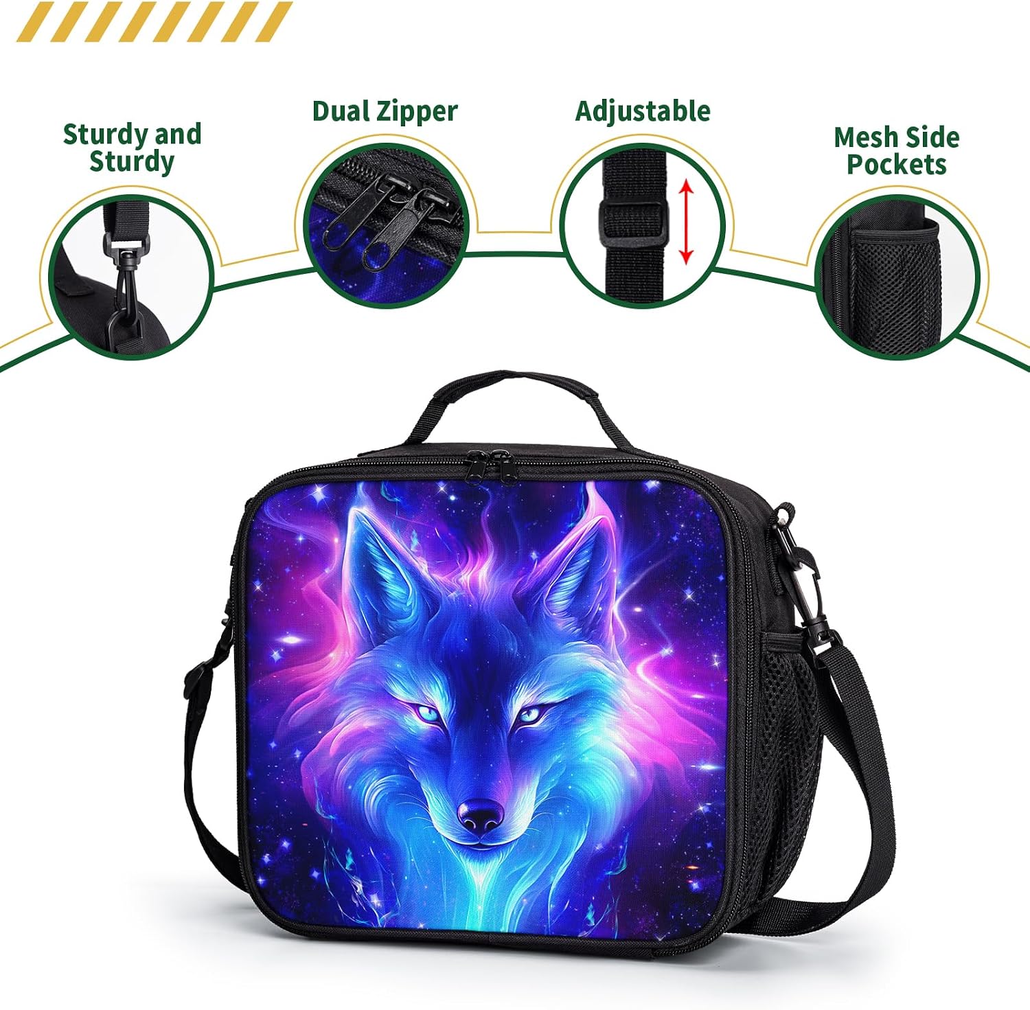 Wolf Galaxy Lunch Box for Girls Boys Kids Insulated Lunch Bag Cool Wolf Starry Sky Animal Print Lunchbox with Shoulder Strap Reusable Thermal Cooler Lunch Pail for School Picnic