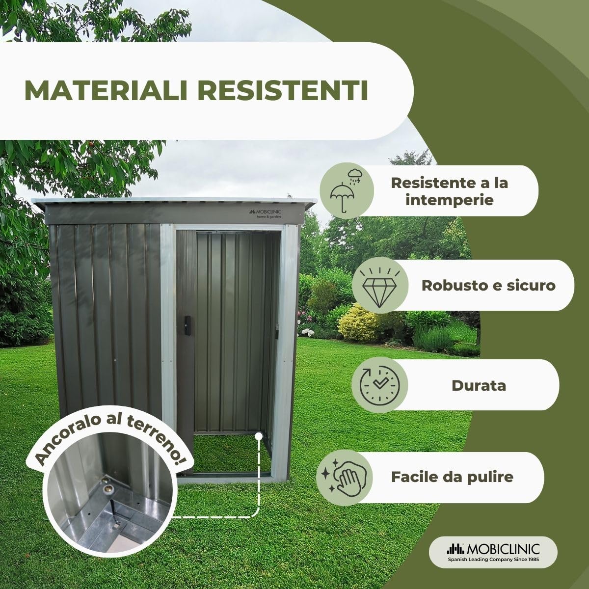 Mobiclinic®, Casetta da Giardino, Con Porta Scorrevole, 150 x 75 x 181 cm, Armadio da Esterno, Lucchettabile, Nomi, Tetto spiovente, 1.4 m², Custodia Sicura, Resistente, Grigio
