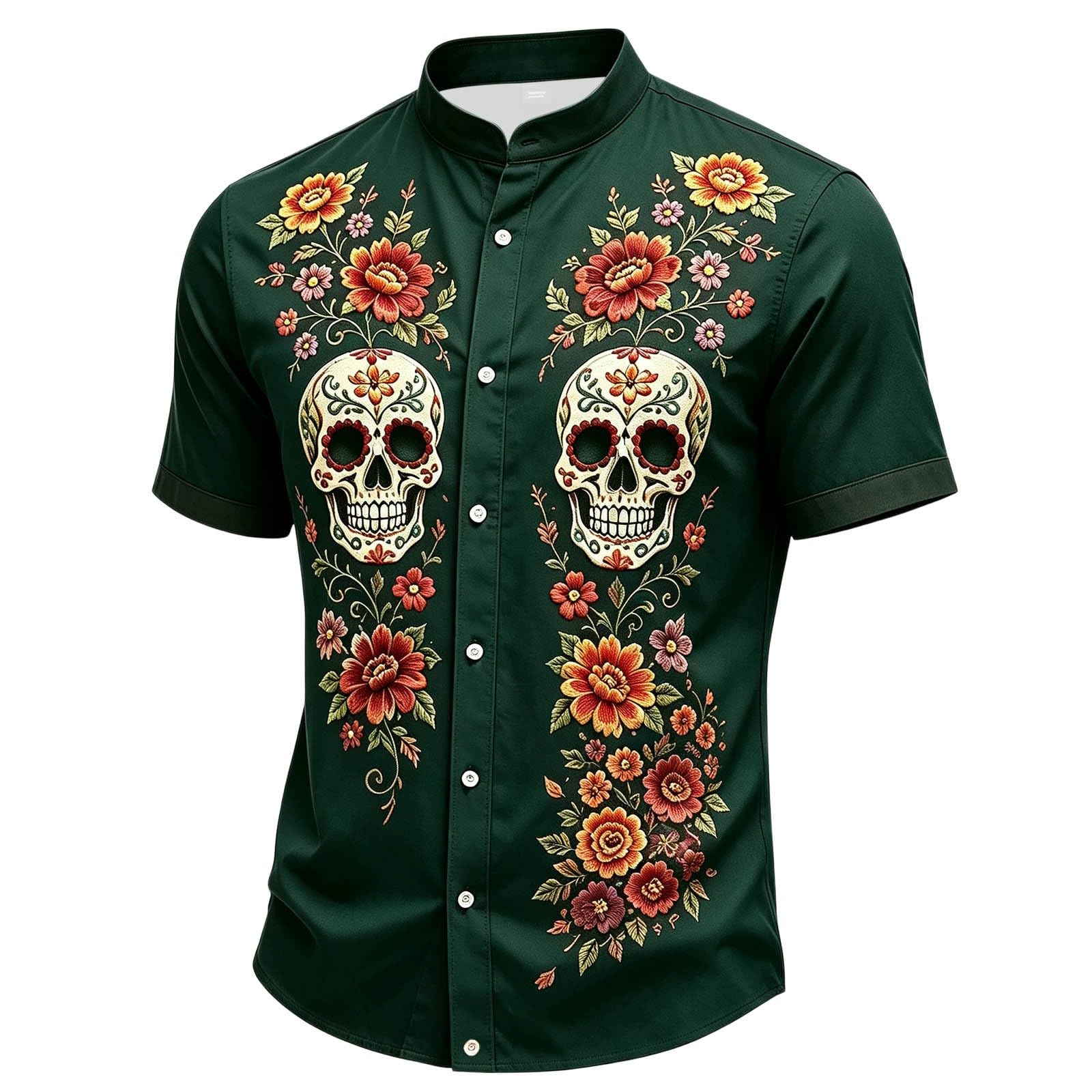 Halloween Shirt Men,Skull Shirt Mens Short-Sleeve Day of The Dead Floral Skull Goth Casual with Button-Down Fit Spooky Party Wear Funny Graphic Vintage Style Casual Outfits — image 1