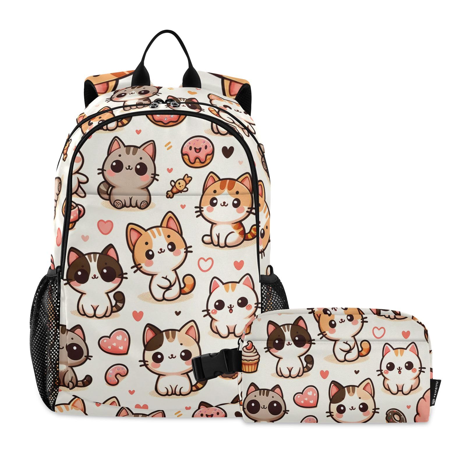 KUEJOP Kids Backpack Little Cute Cat and Ice Cream Boys Girls School Backpack with Lunch Bag Bookbag Set