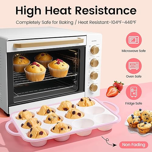 Miniatura 5 de Moldes de silicona para magdalenas para hornear, paquete de 2 unidades, 2.6 pulgadas con marco reforzado de metal, molde de silicona antiadherente