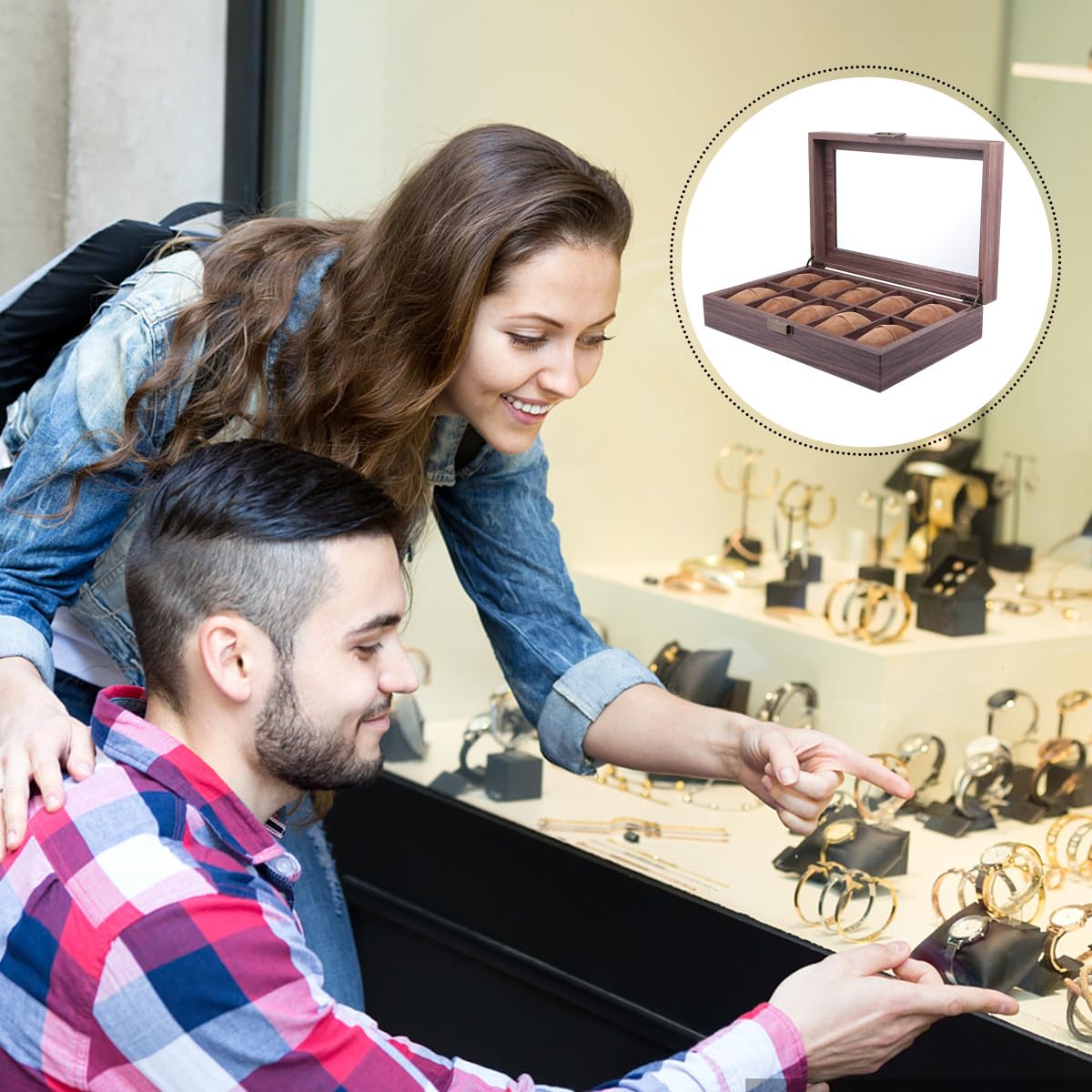 Scatola Porta Orologi 10 Scomparti in Pelle Pu Effetto Legno, Coperchio Trasparente per Facile Identificazione, per Uso Personale e Professionale