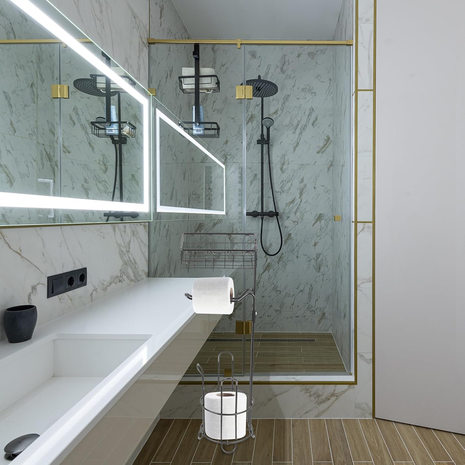 Didiseaon Wrought Iron Toilet Paper Holder Vertical Roll Paper Rack with Storage Shelf Black Metal for Bathroom Floor Use