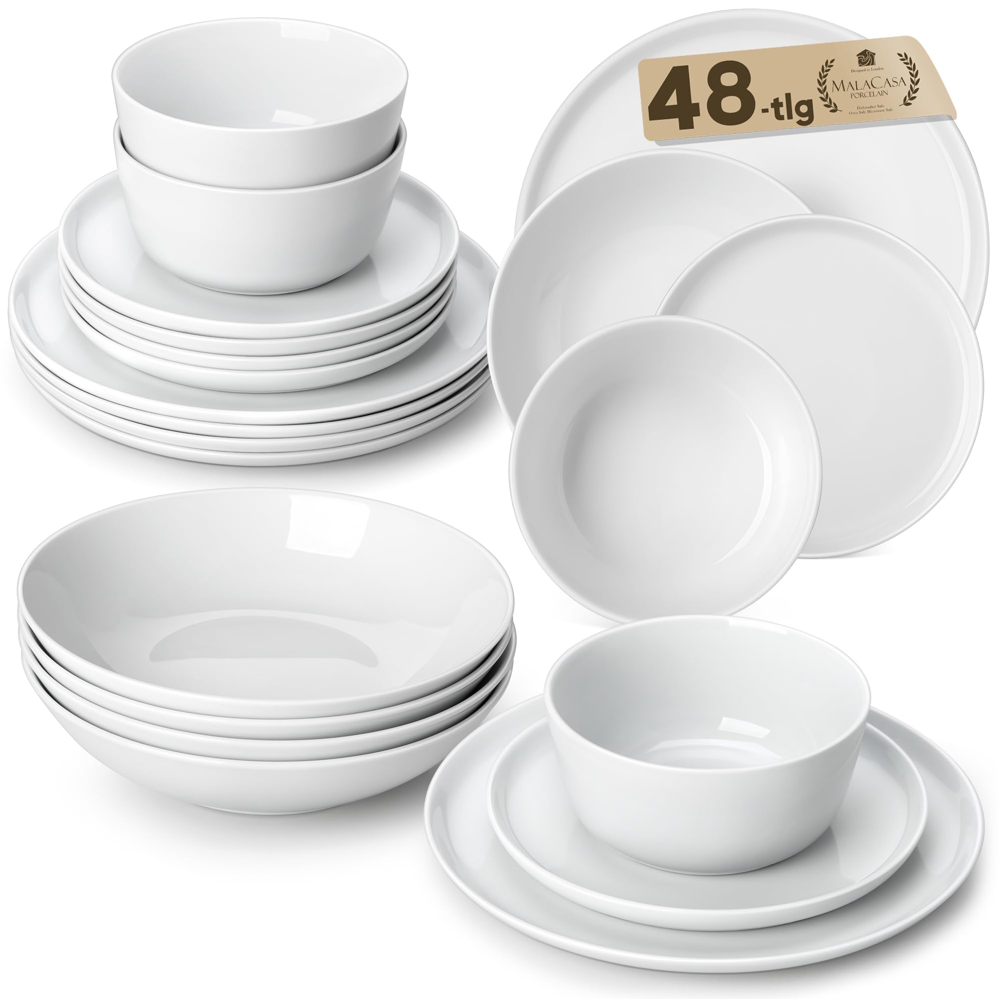 MALACASA LEXI Series 48 White Porcelain Dinner Sets for 12 People Including 12 Flat Plates, 12 Dessert Plates, 12 Cereal Bowls and 12 Soup Plates