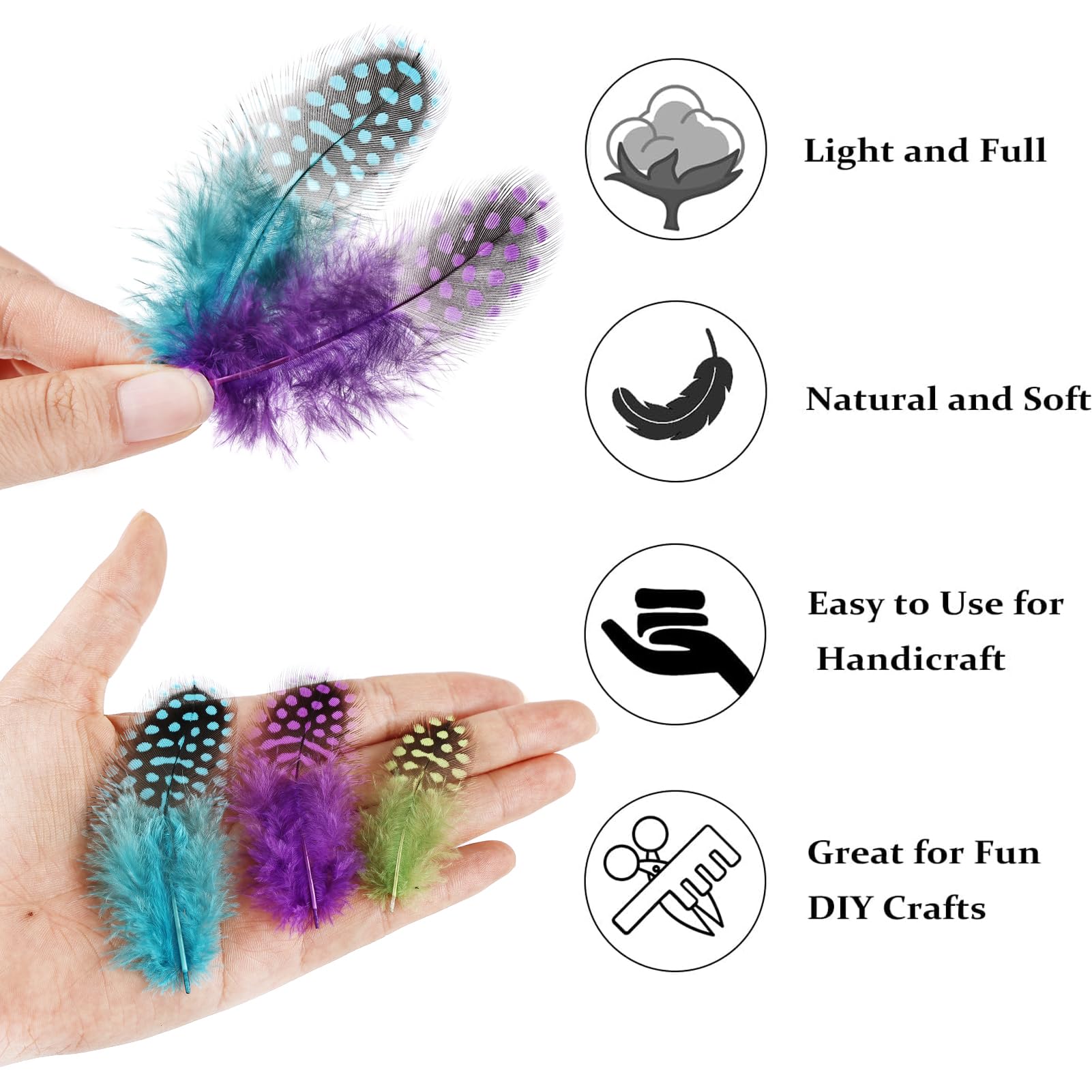 FeelfunFeather 60 pcs Colored Spotted Feathers 2-3inch Bulk Small Guinea Fowl Polka Dot Feather for DIY Crafts Clothing Hats Decoration