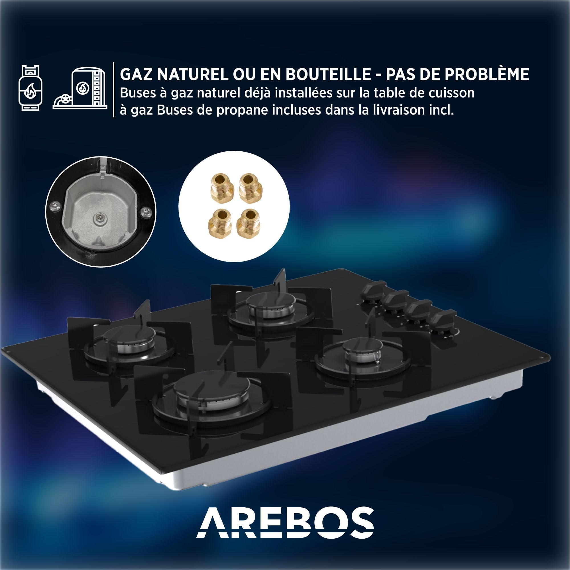 Arebos plaque de cuisson à gaz 60 cm 4 brûleurs | Verre trempé | Encastrable avec supports en fonte | Compatible gaz naturel et propane | Sécurité d’allumage intégrée