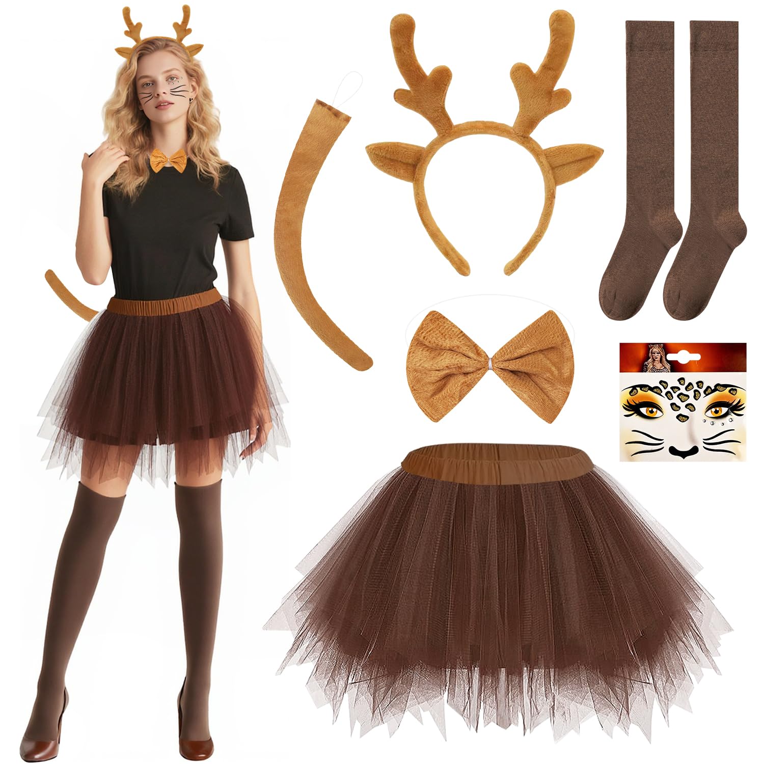 TOLOYE Deer Tutu Costume for Adult Women, Fancy Dress Costume with Accessories Animal Theme Headband Face Stickers for Party Birthday Carnival Halloween Cosplay (Deer)