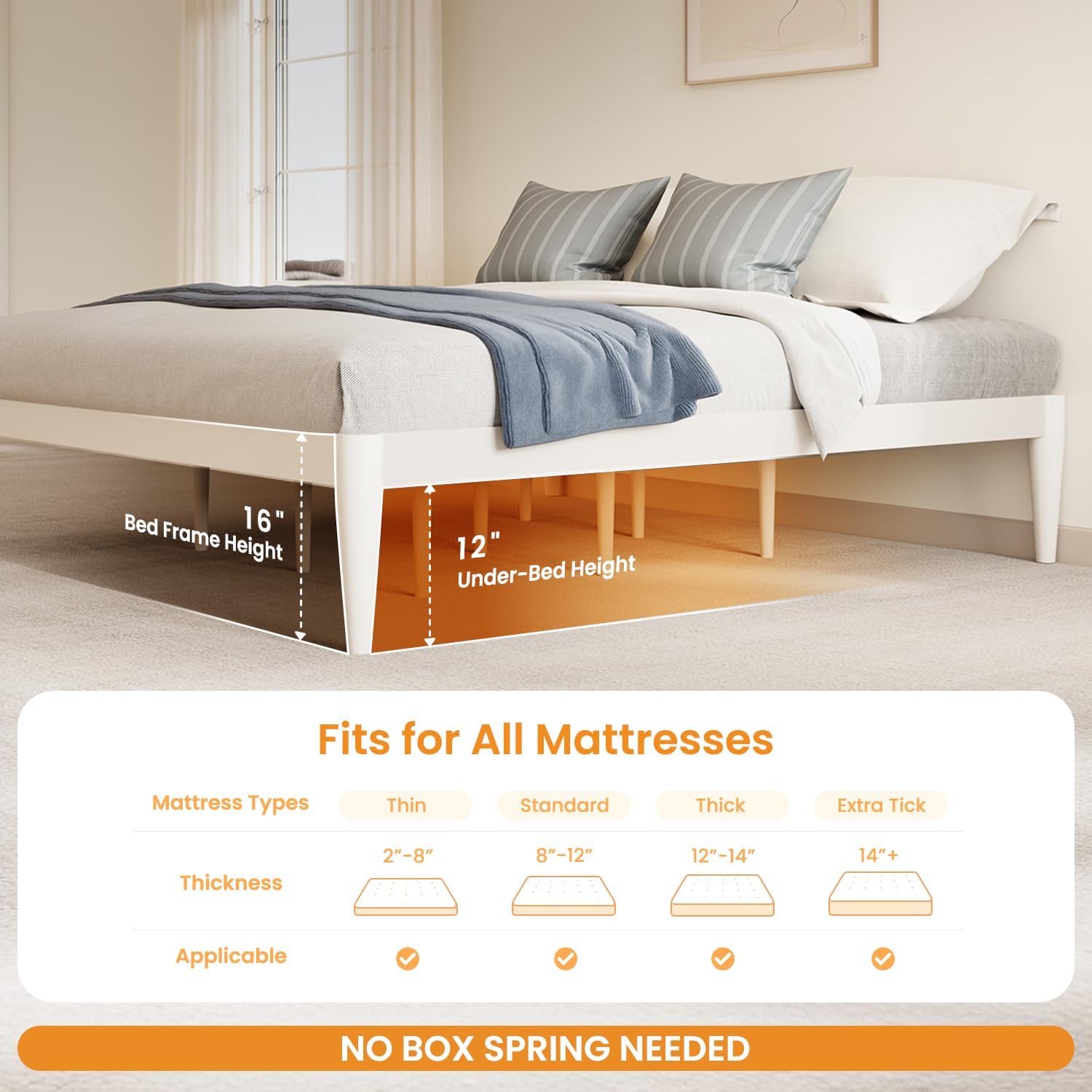 IOTXY Queen Platform Bed Frame - Solid Wood 16-Inch Height Mattress Foundation Base with Densely Slats and Heavy-Duty Support Legs, No Box Spring Needed, White