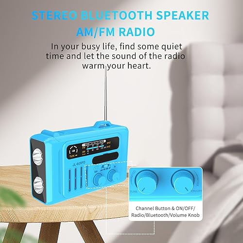 Miniatura 8 de Radio meteorológica de manivela de emergencia, radio de manivela, radio solar AMFMNOAA portátil con linterna, altavoz Bluetooth, alerta SOS para el