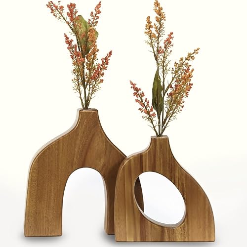 Wooden Vases for Decor Set of 2, Scandinavian Wood Decorative Vases | Small Vase for Faux Flowers & Plants, Modern Table Decor Centerpieces, Living Room & Entryway Accent, Housewarming Gift