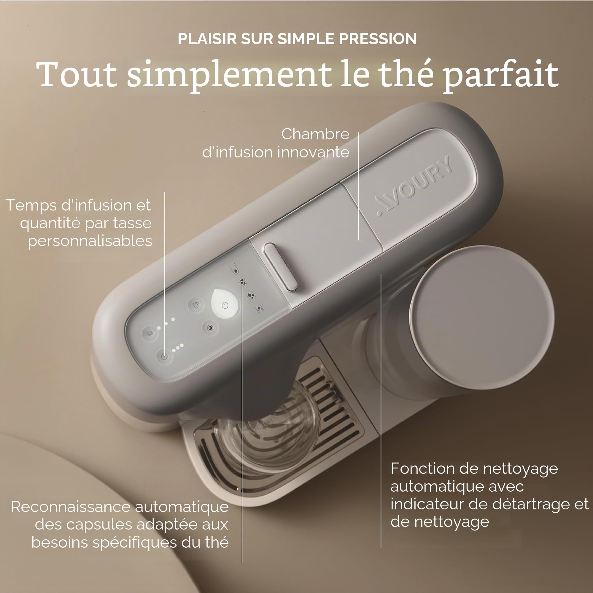 Avoury One Machine à thé – Théière à capsules de qualité supérieure avec chambre d'infusion innovante, contrôle automatique de la température, pour un plaisir parfait du thé, design moderne (Silver