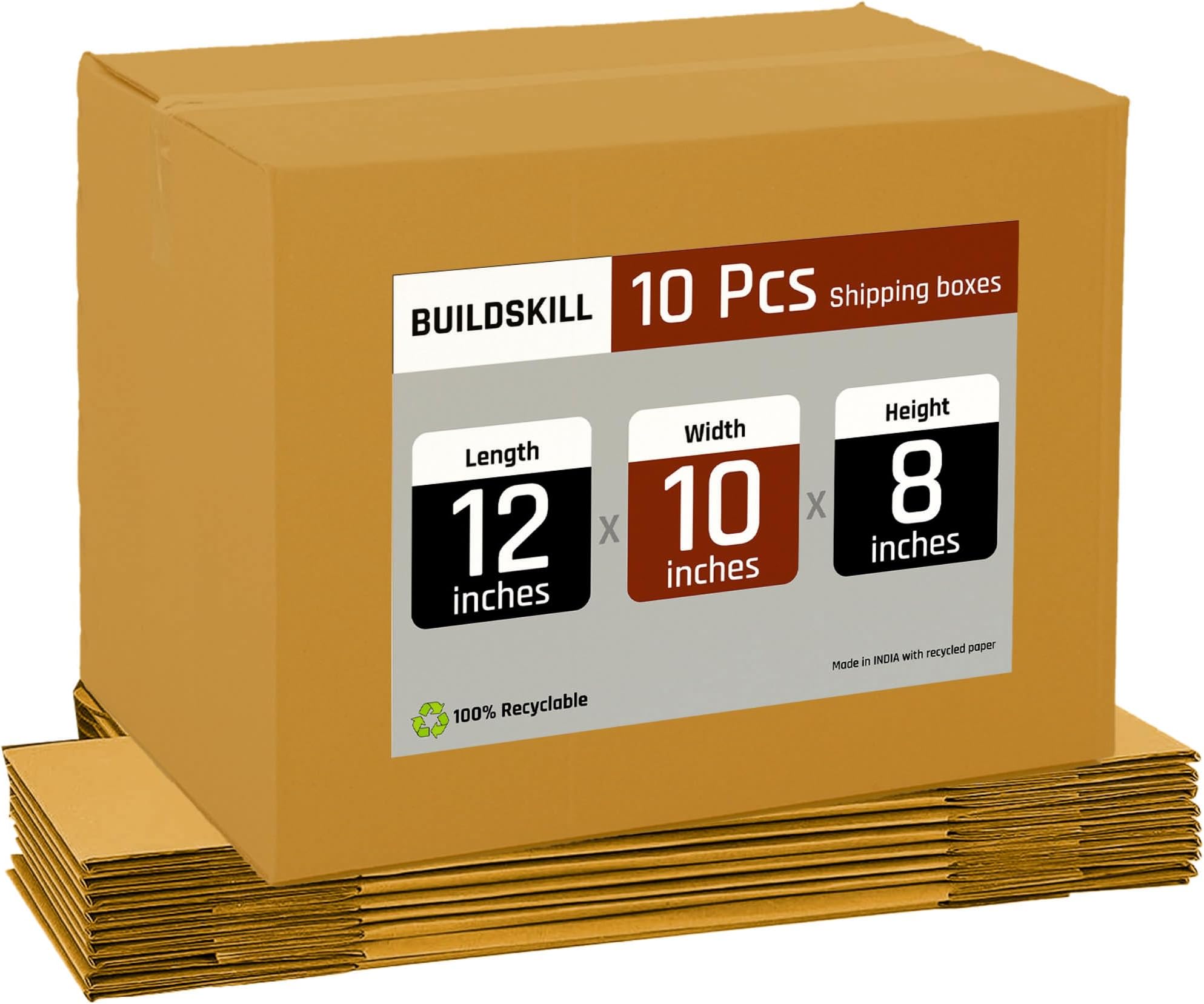 Buildskill Cardboard Box for Packing, Packing Material, 3 Ply 12"X10"X8" corrugated box for packing, Suitable E-commerce Shipping, Recycled Material, Ideal as Home Shifting & Book Storing (Pack of 10)