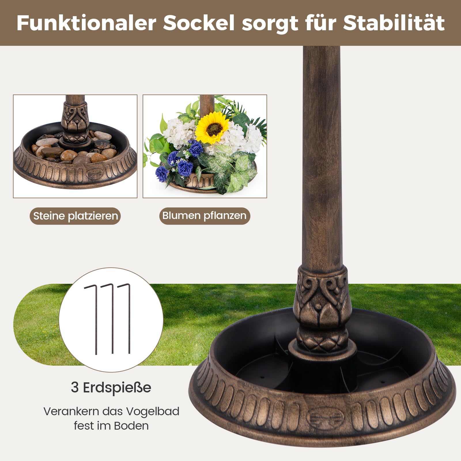 GYMAX Vogeltränke stehend mit Solarleuchte, Vogelbad Garten mit Blumenkübel & befüllbarem Ständer, Wasserschale Vögel, Futterstation für Balkon & Garten, Nr. 1 Antikbronze