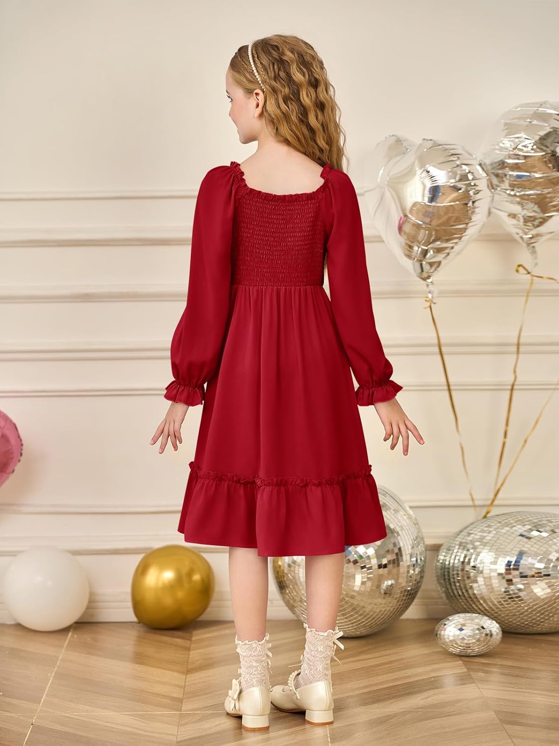 Haloumoning Girls Lantern Long Sleeve Dresses Kids Square Neck High Low Hem Smocked Fall Dress 5-14 Years - Image 5