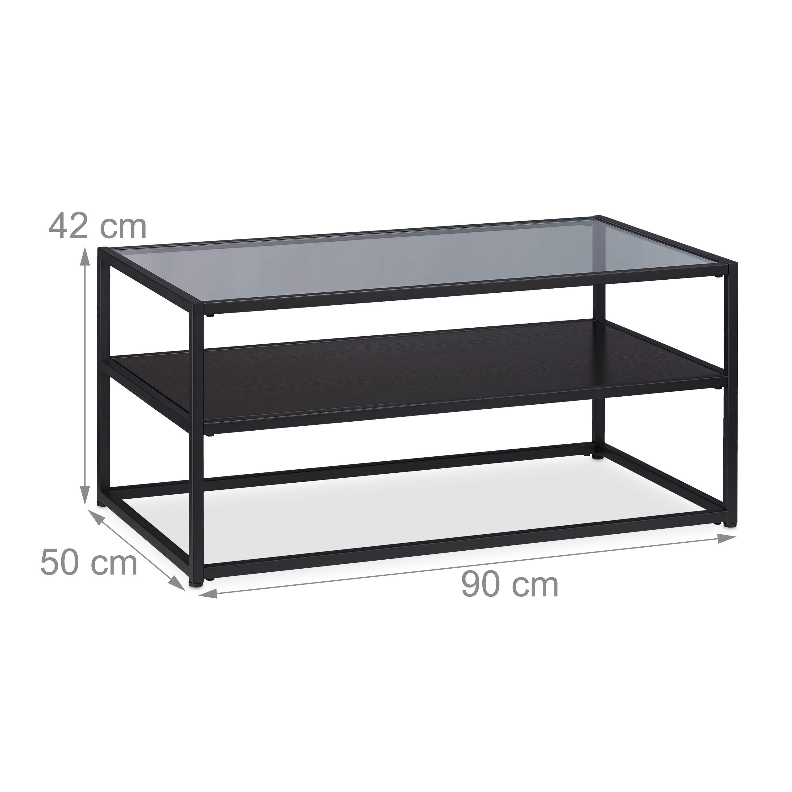 Relaxdays Tavolino da Divano, Ripiano in MDF, Vetro & Metallo, Design Moderno, Elegante Tavolino da Salotto, HLP 42x90x50 cm, Nero
