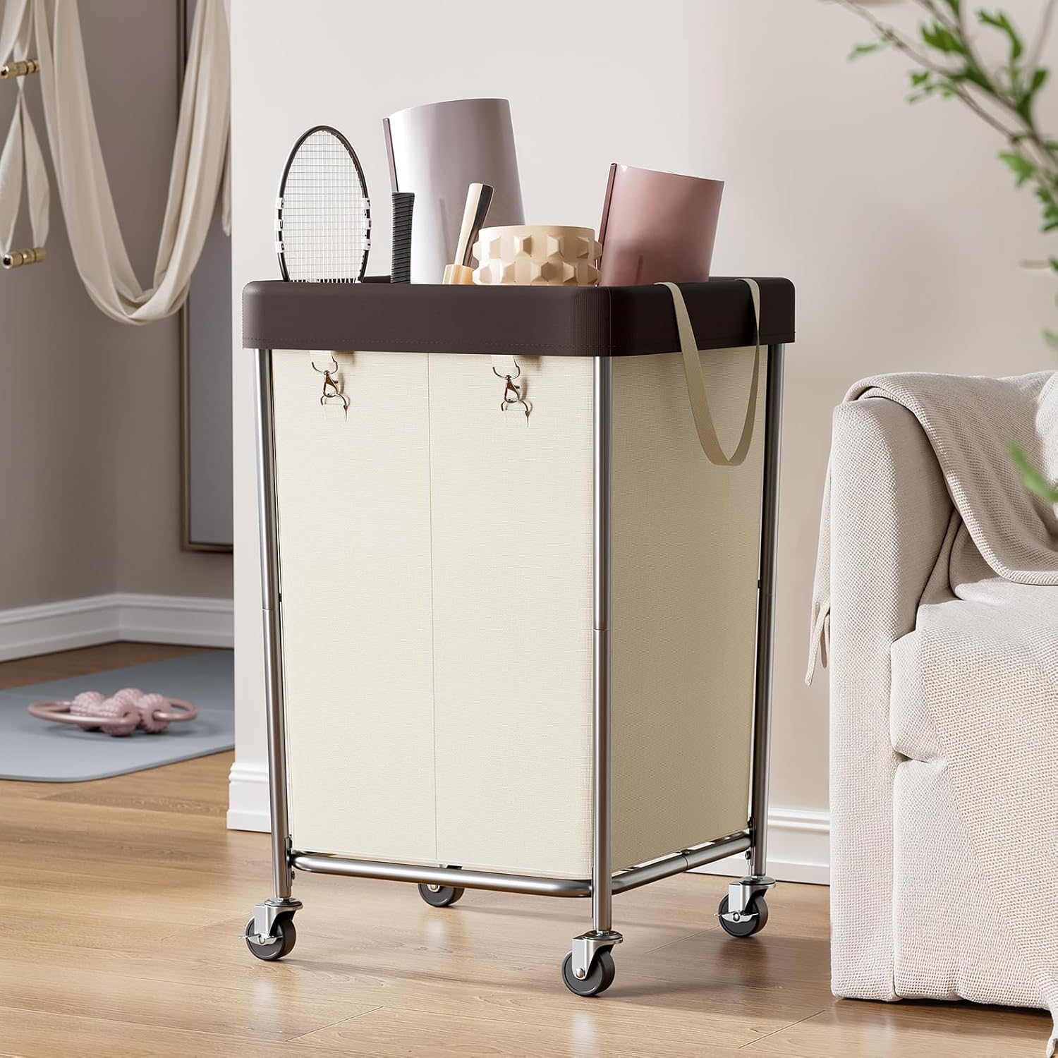 Chrislley 160L Laundry Hamper with Wheels, 2 Section Large Laundry Basket with Removable Bag, Steel Frame Dirty Clothes Hamper, Rolling Laundry Cart for Bedroom, Bathroom, Dorm, Hotel, Beige
