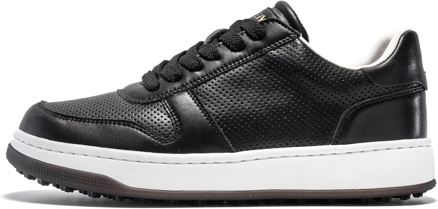 UOFEIY Men's Golf Shoes Spikeless, Water-Resistant Leather Upper, Comfortable Walking Cushion, Rubber Traction Outsole, Breathable Perforated Design, Golf Sneakers