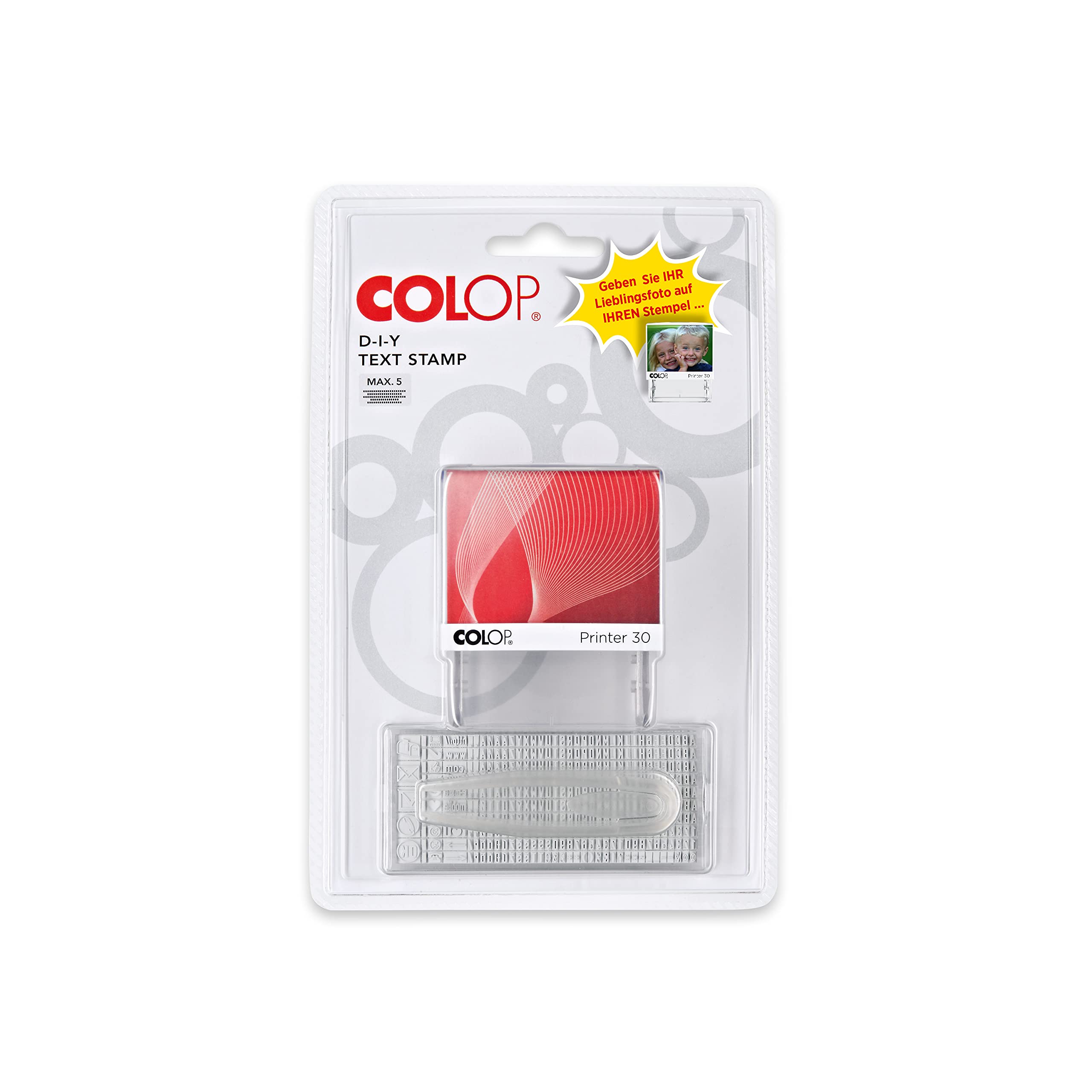 Tampon COLOP 30/2 Set, 5 lignes à fabriquer soi-même, 2 jeux de caractères et une pincette inclus