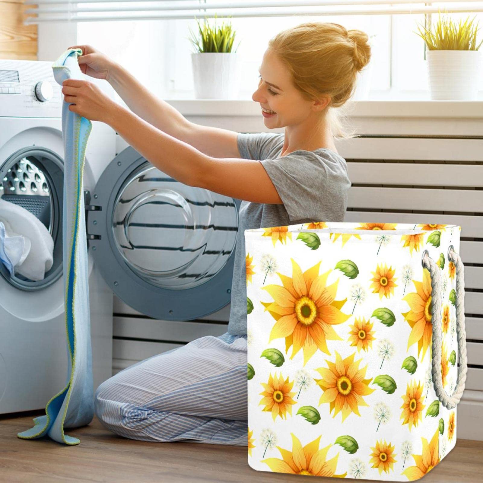 Cesta impermeable para la colada, cesta para ropa sucia con asa, hermoso patrón de flores de girasol