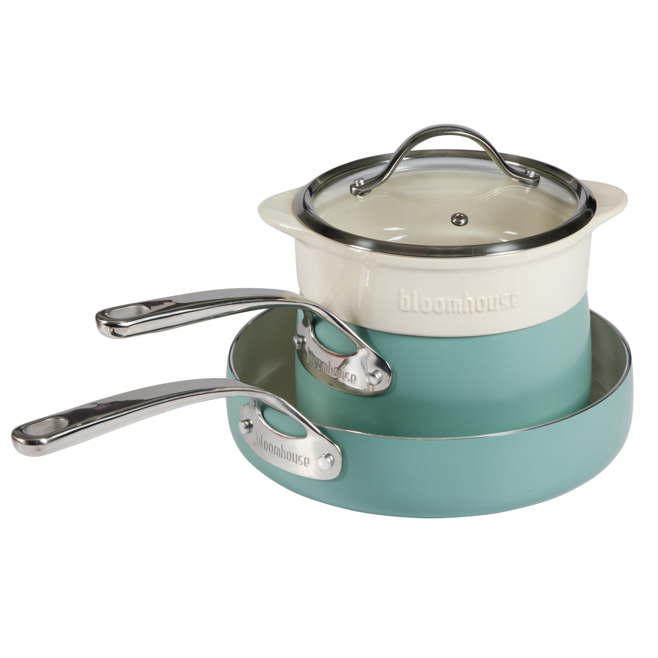 Bloomhouse - Oprah's Favorite Things - 4-Piece Heavy-Gauge Aluminum Pots and Pans Cookware Set w/Non-Stick Non-Toxic Ceramic Interior and Ceramic Steamer Insert Sage Green
