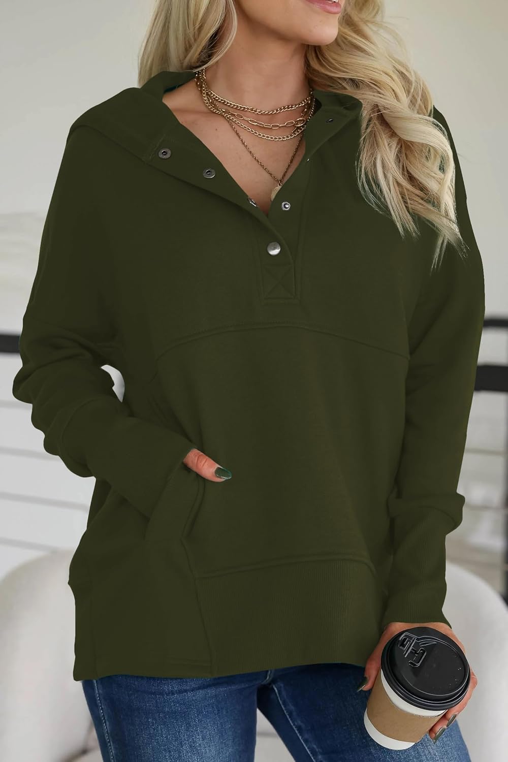 Women Causal Long Sleeve Hoodie Oversied Button Collar V Neck Sweatshirt Trendy Pullover Tops With Pockets Fashion 2024 - Image 2