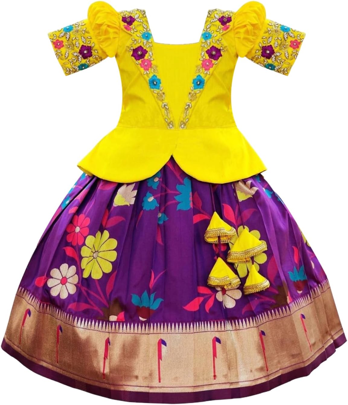 White Button Satin New South Indian Traditional Collar Digital Pattu Pavadai Readymade Lehenga Choli For Girl's Dress