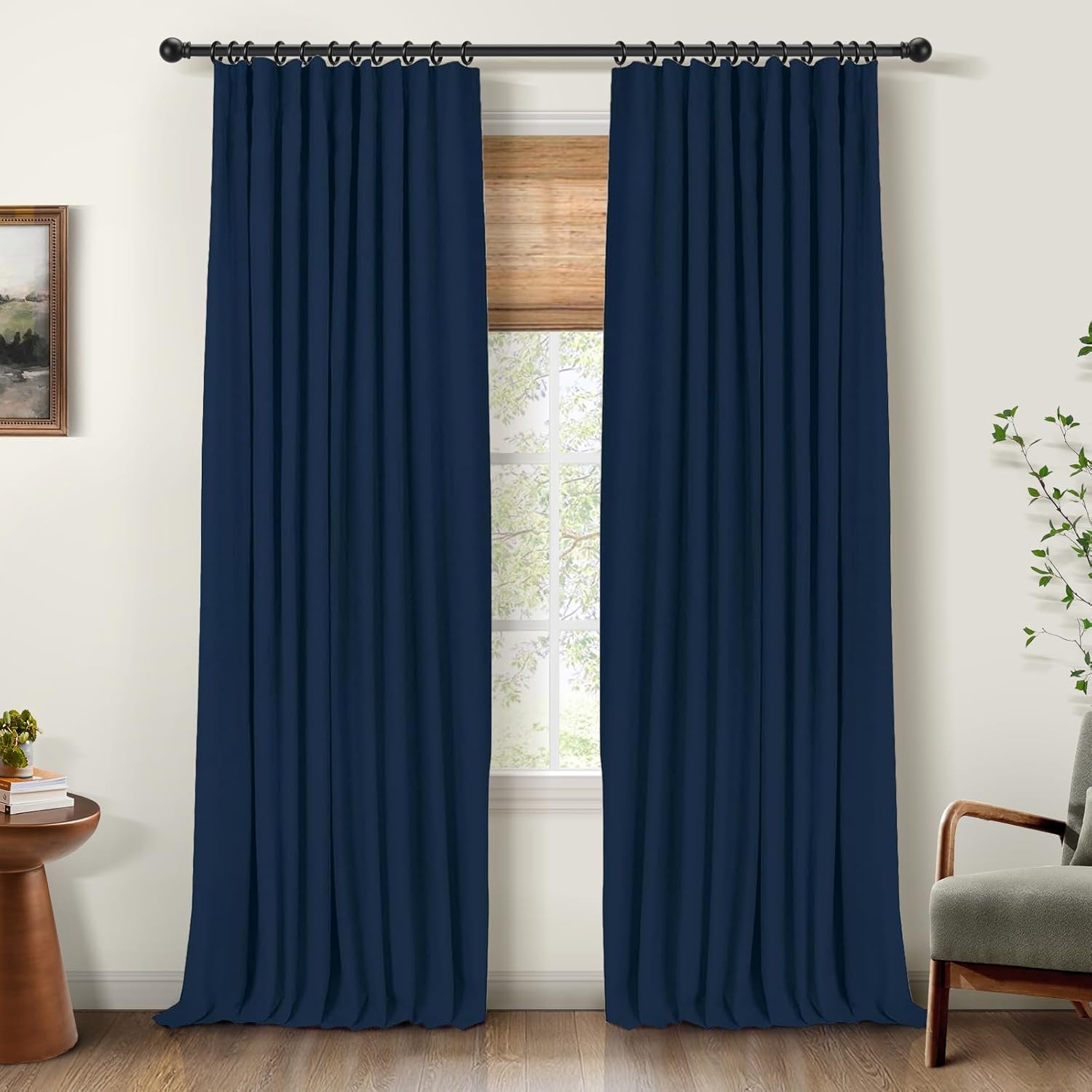 INOVADAY 100% Blackout Curtains for Bedroom, Black Out Curtains 96 Inch Long, Clip Rings Linen Blackout Drapes, Thermal Insulated Room Darkening for Living Room, 2 Panels - Midnight Blue,W50xL96 Midnight Blue 50"W x 96"L (Pack of 2)