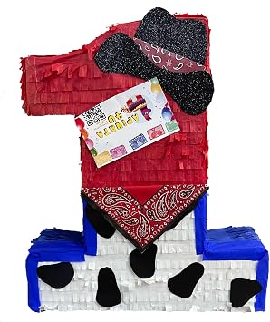 20 Tall Number One Pinata Cowboy Theme Sheriff First Birthday 1st Party Supplies Decoration Cow Pattern Red Blue