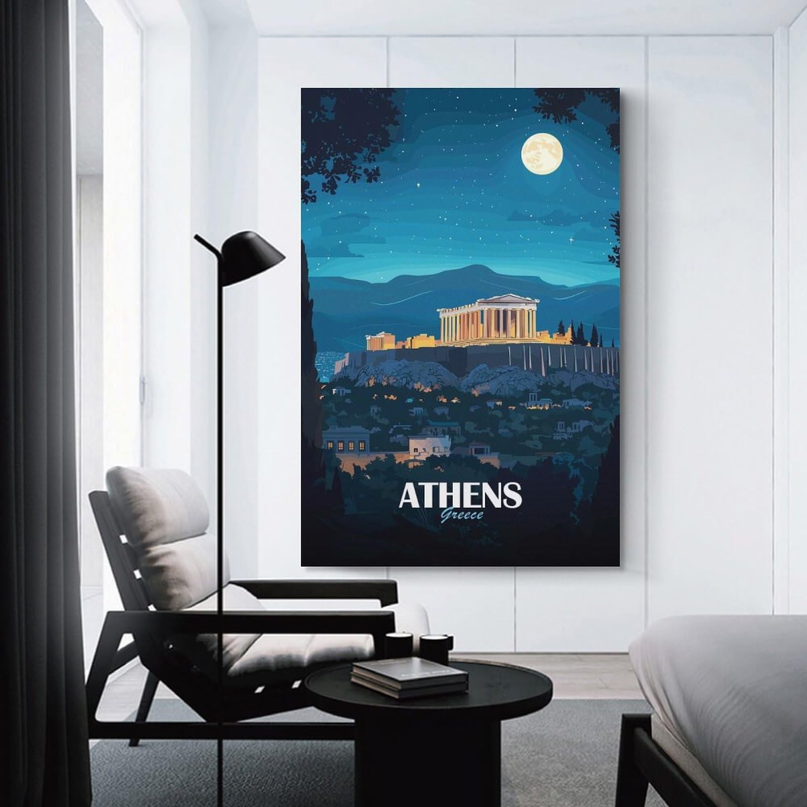 Junmoney Canvas Art Print Athens Greece Night Travel, 24x36inch(60x90cm), for Feature Walls in Flats Or Modern Rooms, Wall Decor Suited to Curated Displays