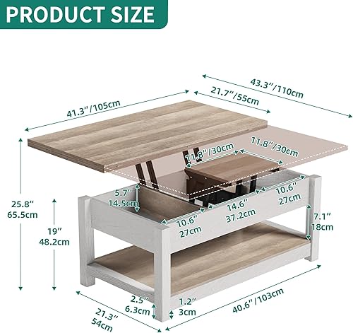 Miniatura 3 de YITAHOME Mesa auxiliar elevable, 3 en 1, multifunción, con almacenamiento para sala de estar, mesa de comedor moderna de granja para sala de