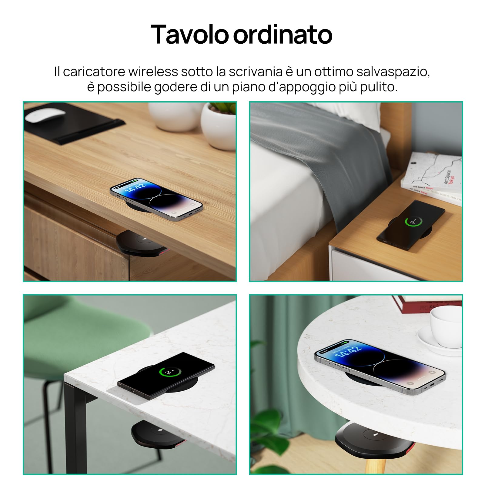 KPON Caricabatterie wireless invisibile, 30 mm nascosto sotto il tavolo, caricatore induttivo per iPhone 16/15/14/13/12/11/Pro/Mini/Max/Xs, Samsung S24/S23/S22/S21/S20/S10/S9/S8