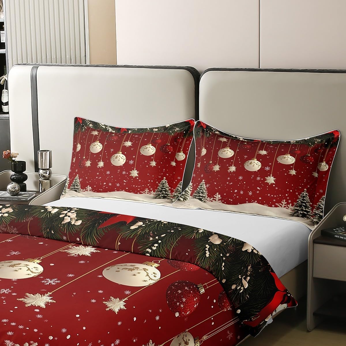 Feelyou Merry Christmas 100% Cotton Duvet Cover Xmas Deer Elk Bedding Set Christmas Tree Christmas Bell Comforter Cover Set Queen Size Snowflake Bedspread Cover 3Pcs Zipper,No Comforter