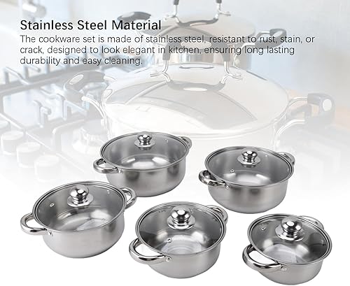Miniatura 9 de Juego de utensilios de cocina de acero inoxidable, 5 ollas y sartenes con tapas de vidrio, diseño apilable, asas de calor para cocinas de inducción,