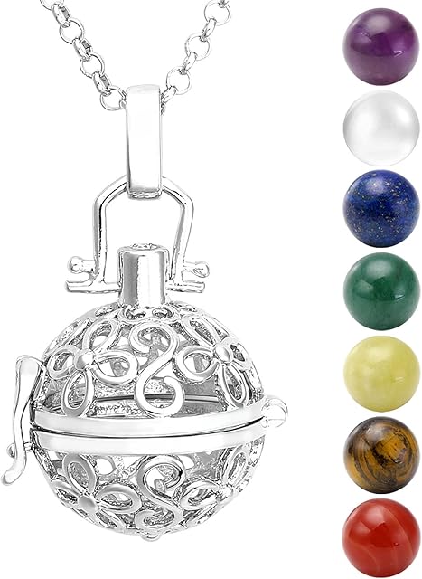 JSDDE Hollow Flower Locket Pendant 7 Chakra Natural Beads Healing Crystal Gemstones Necklace
