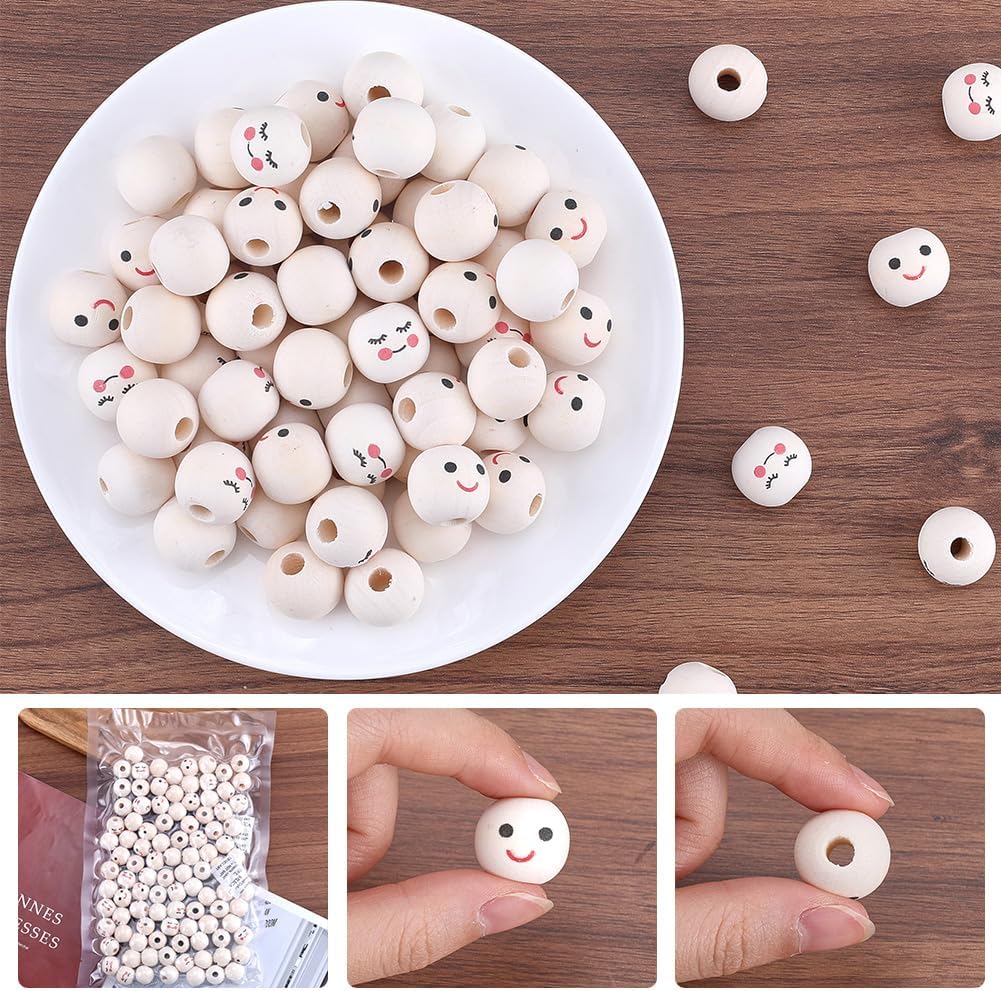 GORGECRAFT 100PCS 2 Styles 18MM Smiling Face Spacer Wooden Beads Ball Large Smile Face Natural Wood Beads Round Bulk Doll Head Beads 4MM Hole for Christmas Garland DIY Craft Project Holiday Festival
