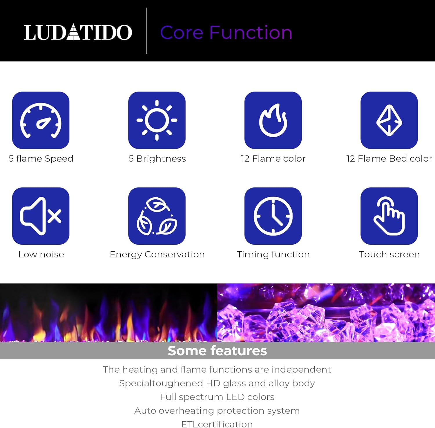 Ludatido 60 Inch Electric Fireplace Wall Mounted/Recessed, Electric Fireplace Insert with 5100BTU for 410 Sq Ft Room, Multicolor Flame with Timer/Touch Screen/Remote
