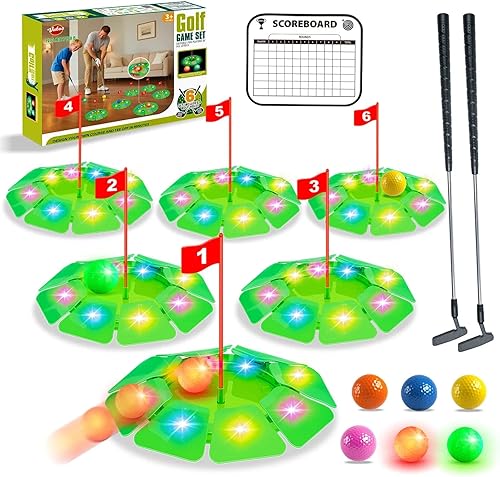 VATOS Juego de Golf de Iluminación - Juguete de Golf con brillo con 6 hoyos LED, 6 bolas (2 brillantes), putter extensible, construye tu propio