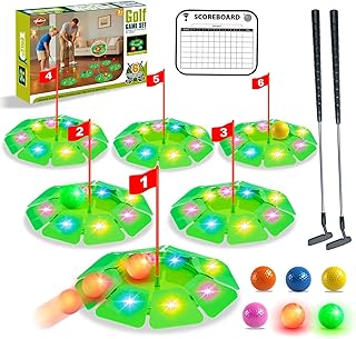 VATOS Light up Golf Putting Game Set - Glow Golf Toy with 6 LED Holes, 6 Balls (2 Glow), Extendable Putter, Build Your Own Course at Home Indoor Outdoor Yard Office Golfs Gifts for Kids Adults Golfer