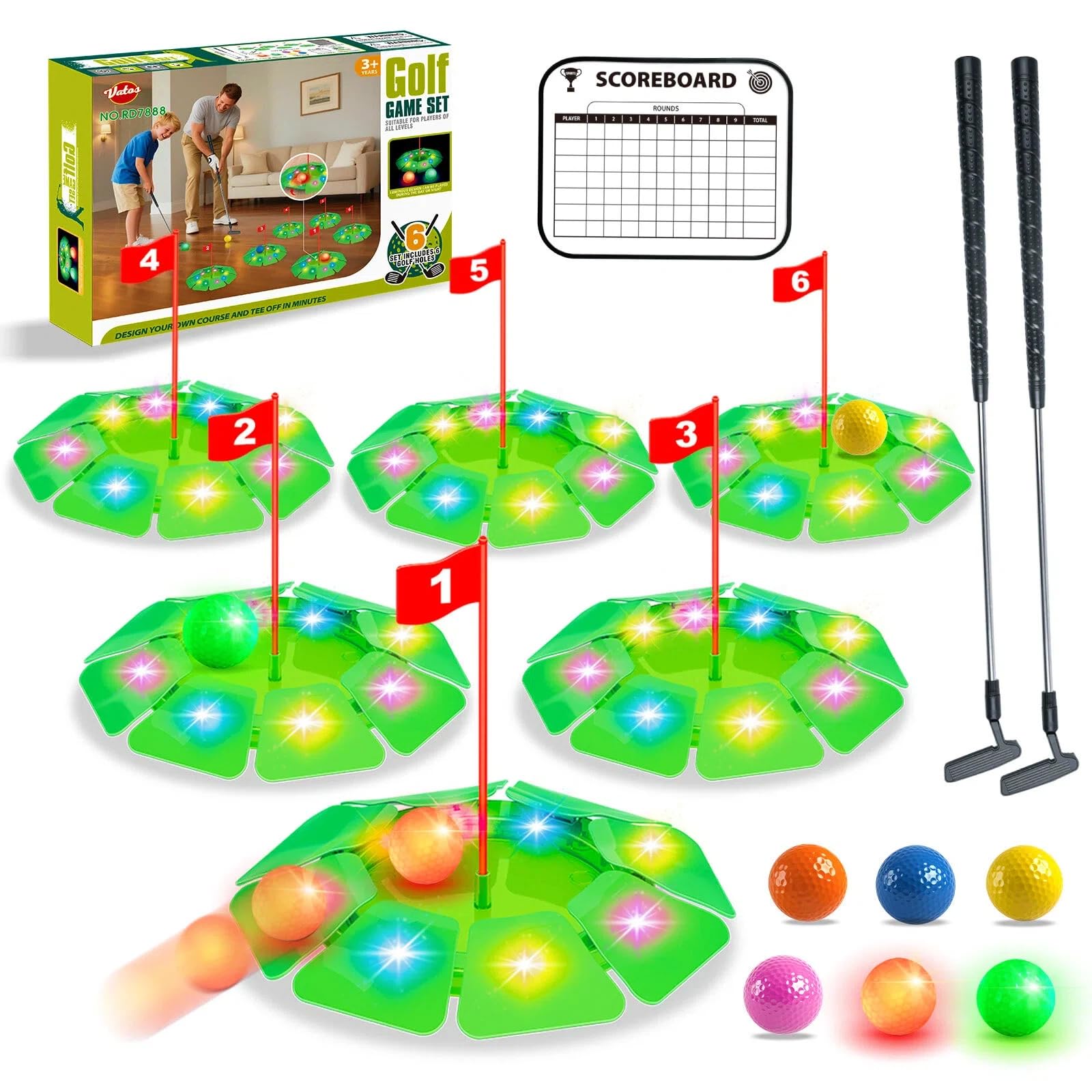 VATOS Light up Golf Putting Game Set - Glow Golf Toy with 6 LED Holes, 6 Balls (2 Glow), Extendable Putter, Build Your Own Course at Home Indoor Outdoor Yard Office Golfs Gifts for Kids Adults Golfer