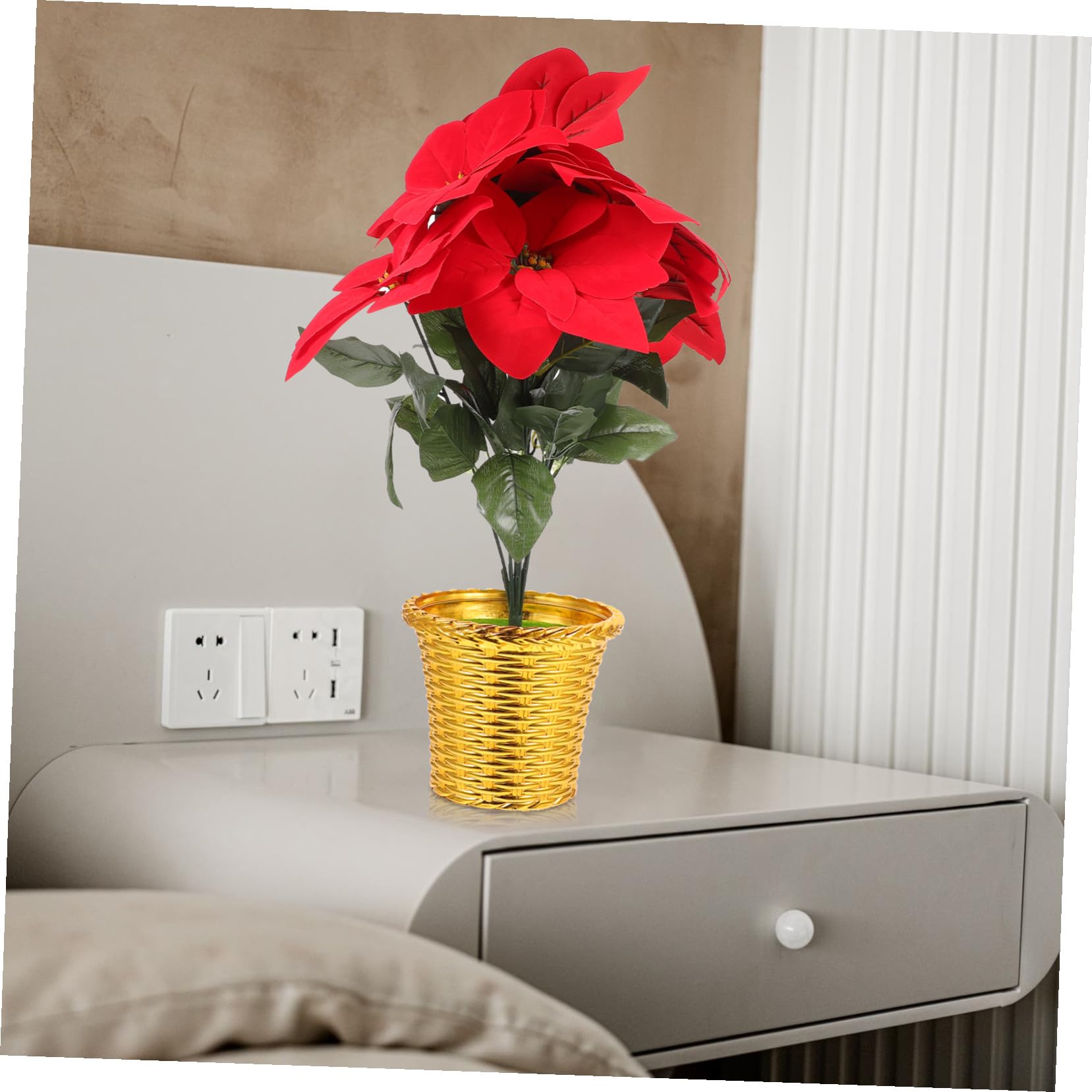 ULTECHNOVO Flor de Pascua Navideña Artificial en Maceta Roja de Tela, sin Mantenimiento ni Luz Solar, Adecuada para Adorno de Navidad y Hogar Flores Vívidas y Abundantes