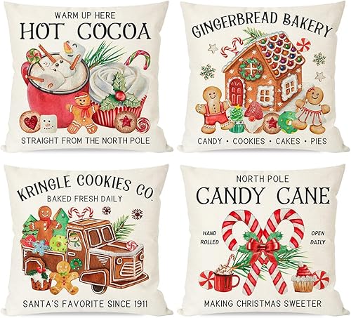 PANDICORN Juego de 4 fundas de almohada de Navidad de 18 x 18 pulgadas, juego de 4 fundas de cojín de jengibre con bastón de caramelo, cacao