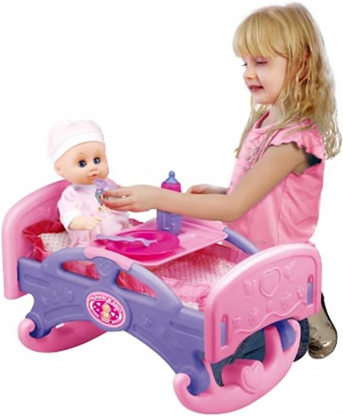 IUEG® Girls Rocking Bed Cradle for Dolls Baby Carrier + Pillow Quilt Bottle Cot Pretend Play Fun Toy Bedding Baby Doll