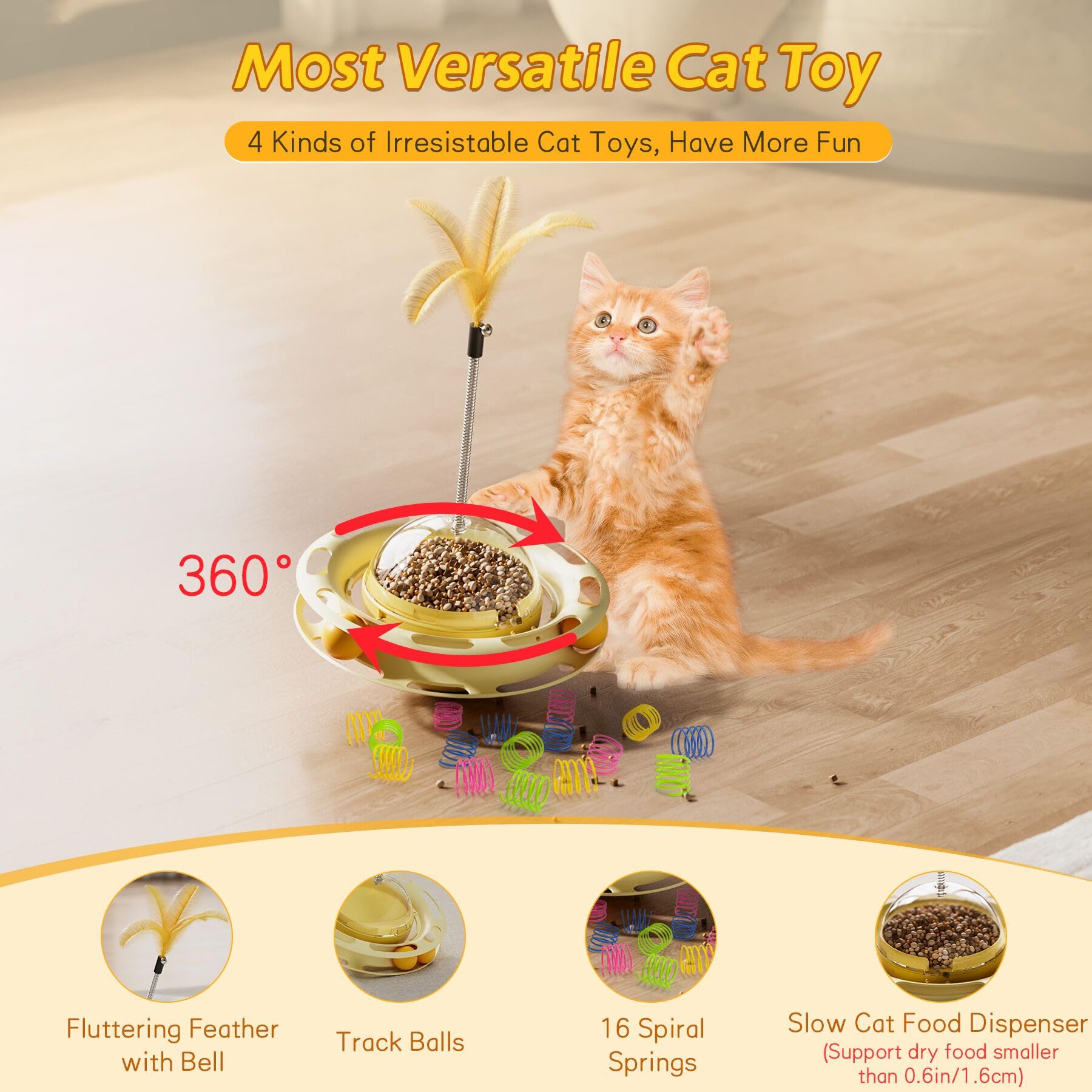 SEVENKA Cat Toys, 4in1 Interactive Kitten Toy, Fluttering Feather Toy, Track Ball, 16 Spiral Springs, Slow Cat Treats Dispenser Food Feeder Dispensing Pet Supplies, Indoor Exercise Kicker